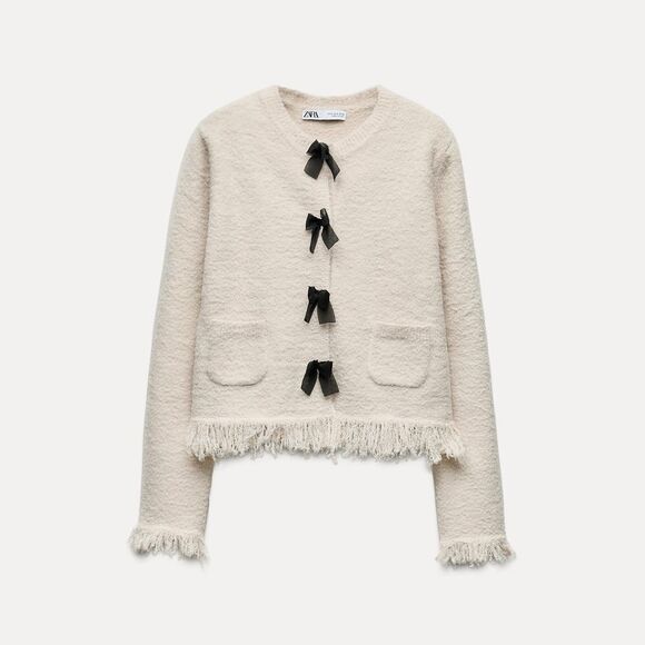 NWT ZARA Knit cardigan withβbows beige and black - Picture 4 of 7
